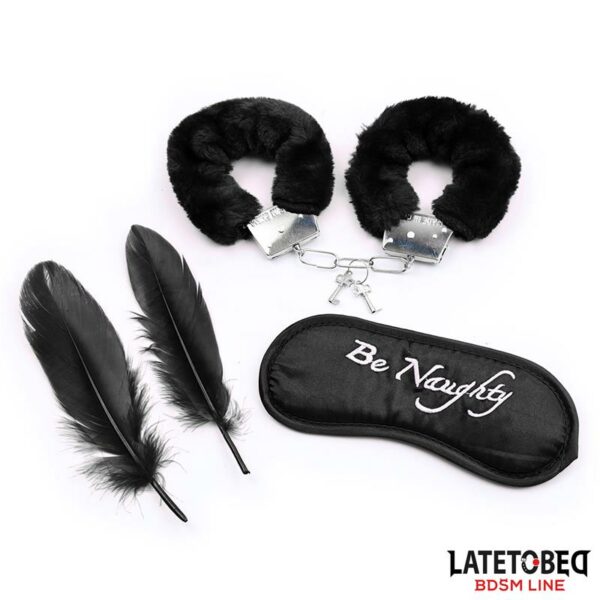 Set de 3 Piezas Antifaz, Esposas y Plumas Negro